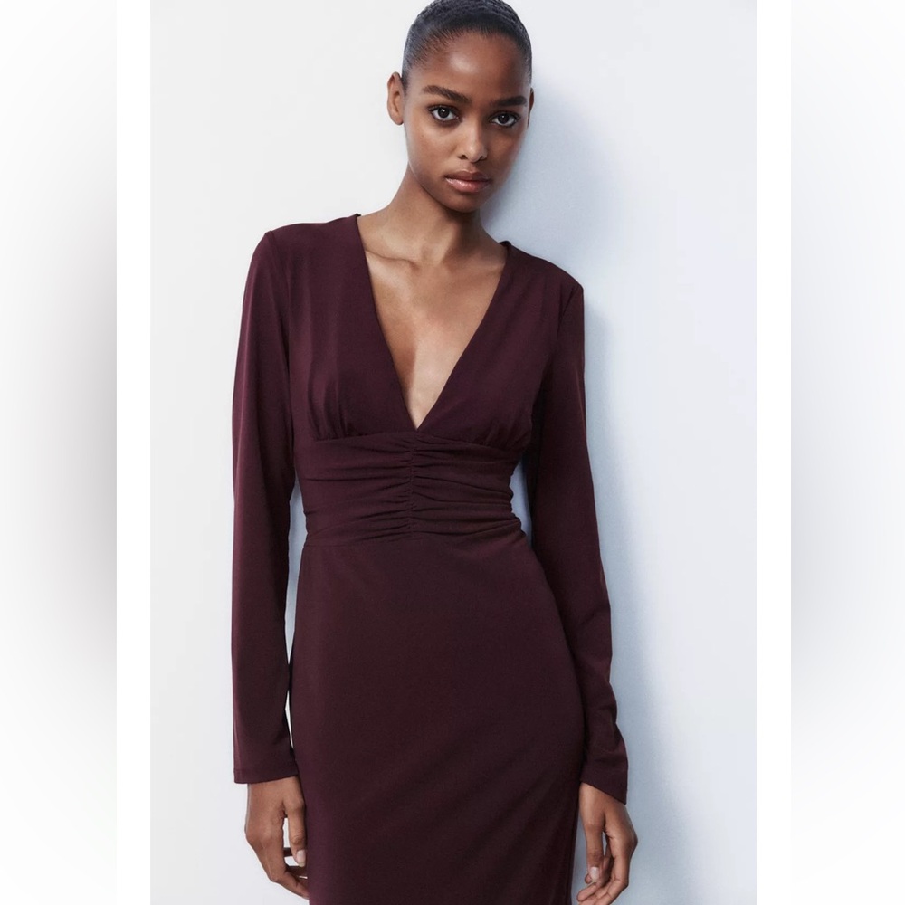 Zara Elegant Burgundy Long Sleeve Dress
